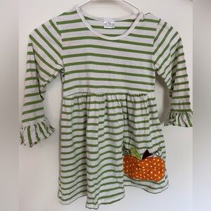 Green and White Striped Dress with Pumpkin Design